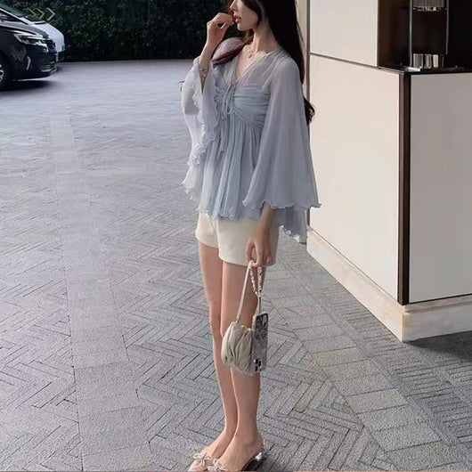 Blusa Chiffon Elegante con Mangas Volantes Mesh de Alta Calidad - Image 5
