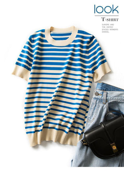 Blusa Holgada Ice Silk a Rayas con Cuello Redondo para Mujer - Image 15