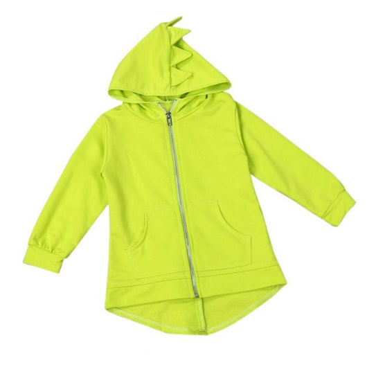 Lime green kids' hooded jacket with dinosaur spikes on the hood, full zipper, long sleeves, and front pockets. - Image 8