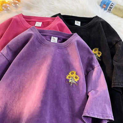 Playera Hombre Manga Corta con Bordado de Girasol Lavado