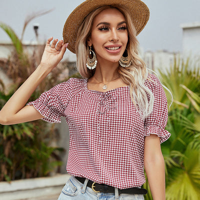 Blusa Suelta Cuello Cuadrado Manga Corta Estilo Europeo