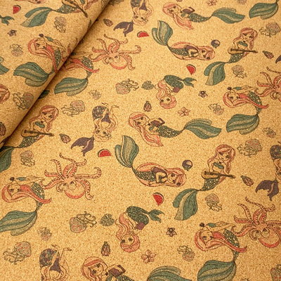 Tela de Corcho Estampado Sirena Kawaii con Fondo Floral