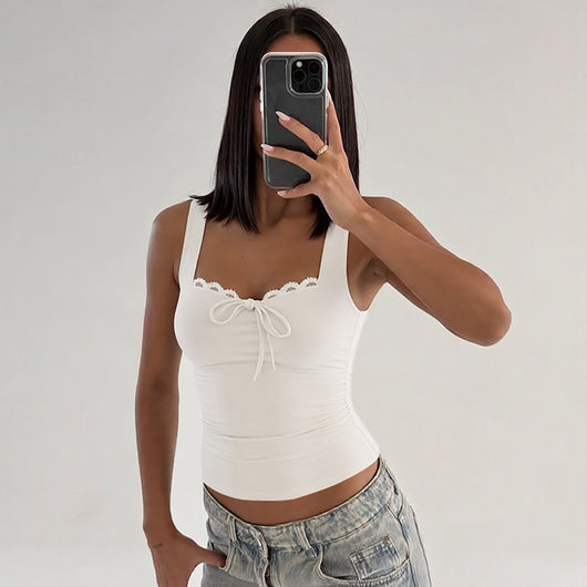 Blusa Camiseta Ajustada con Lazo y Encaje - Image 19
