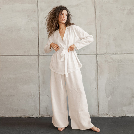 Bata Pijama de Algodón y Lino para Mujer con Encaje y Cordones - Image 8
