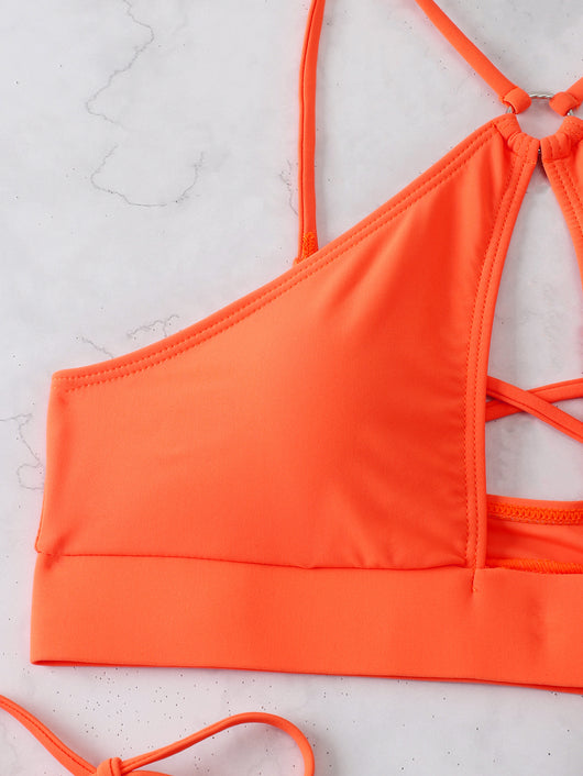 Solid neon orange string bikini with a halter top featuring a keyhole cutout and tie-side bottoms. - Image 23