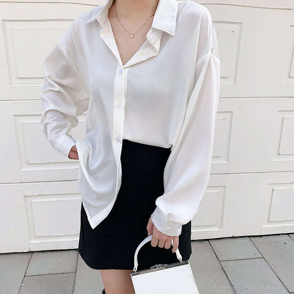 Blusa Suelta de Manga Larga Color Sólido con Drapeado Elegante