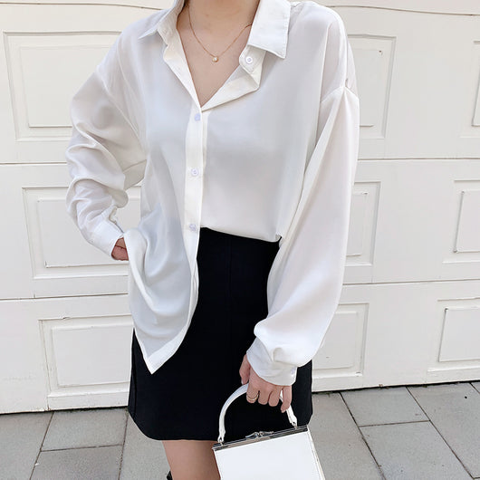 Blusa Suelta de Manga Larga Color Sólido con Drapeado Elegante