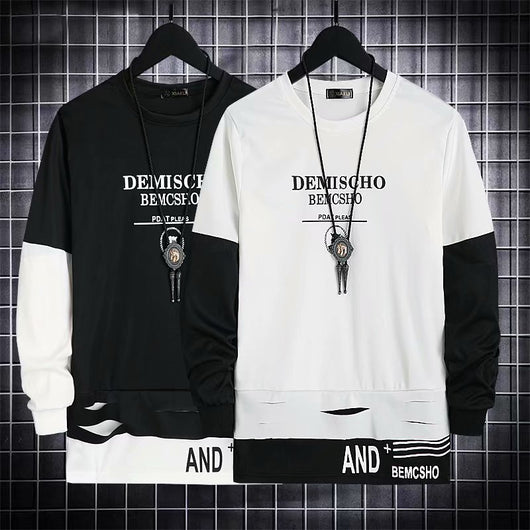 Camiseta Manga Larga Cuello Redondo Estilo Coreano Oversize Falsa Dos Piezas - Image 9