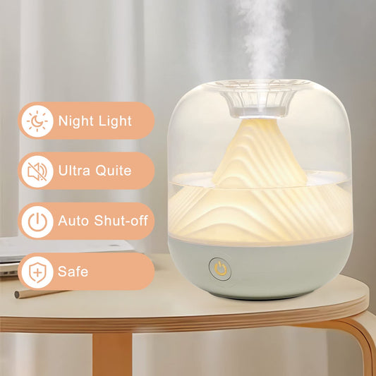Red USB rechargeable humidifier with a clear dome top and a unique mountain-shaped interior design.