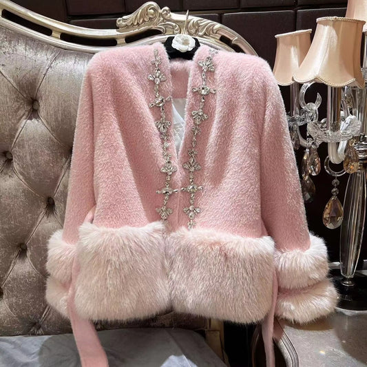 Abrigo Cardigan de Piel de Zorro con Cuentas Acolchado para Mujer