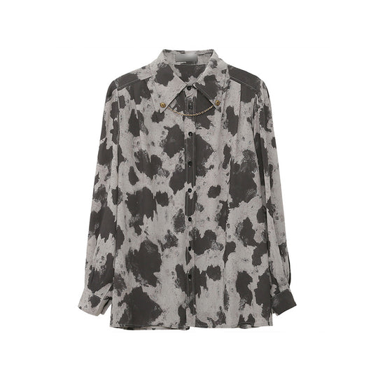 Blusa Manga Larga Estampado Leopardo Bloques de Color Negro Gris Botones Cadena Mujer - Image 6