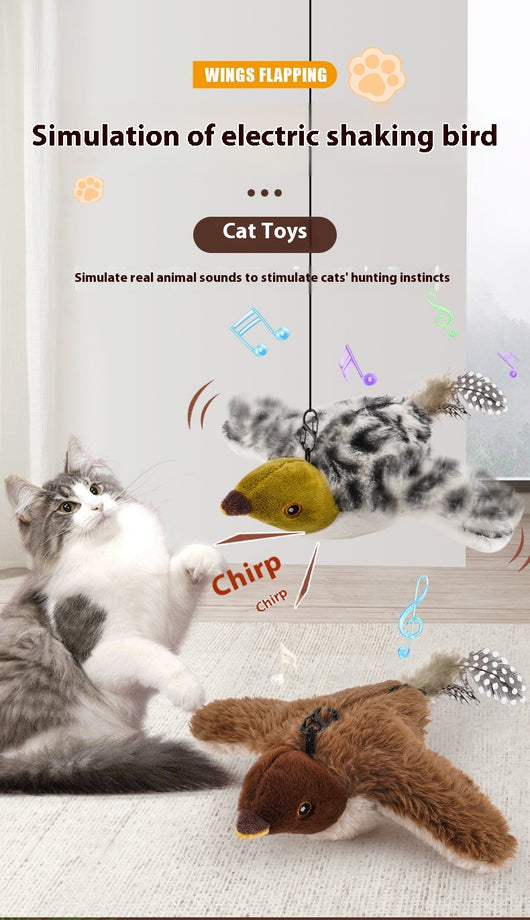 Electric simulation bird cat toy with black and white speckled plush body, olive green head, and feathered tail. Includes a black sling for hanging and USB char - Image 7