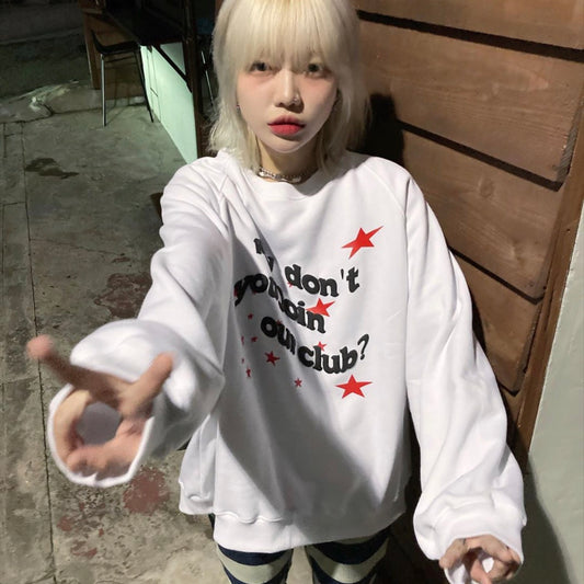 Suéter de Cuello Redondo con Estampado de Letras y Forro de Terciopelo - Pareja Coreana