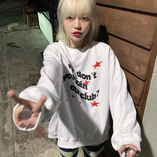 Suéter de Cuello Redondo con Estampado de Letras y Forro de Terciopelo - Pareja Coreana