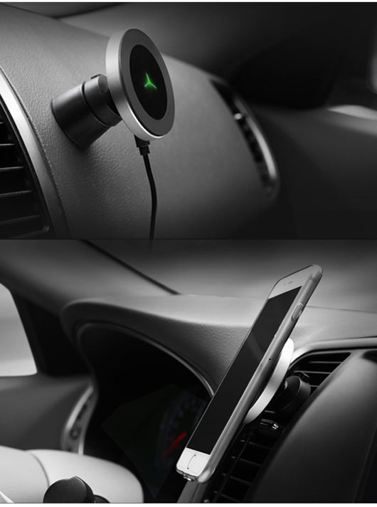 Silver and black car magnetic wireless charger with a blue indicator light, mounted on a car's air vent. - Image 13