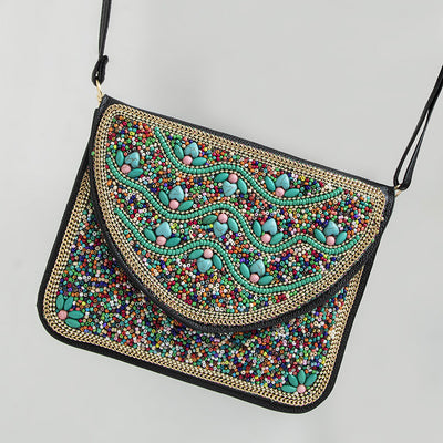 Bolso Bohemio Étnico con Cuentas y Compartimiento para Teléfono