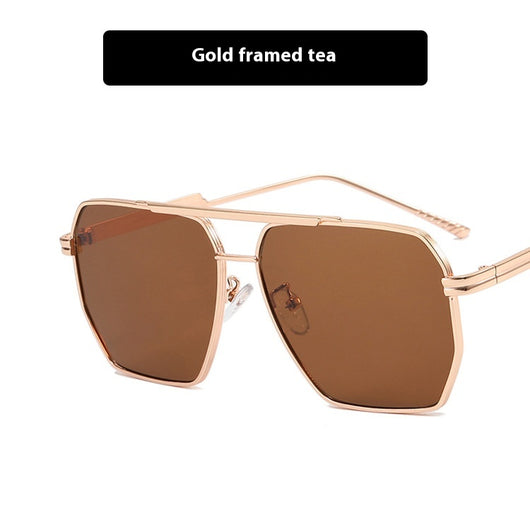 Gold frame double gray polygonal sunglasses with a double beam design and gradient lenses. - Image 7