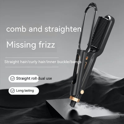 Black and gold electric hair curler with comb-like heating plate, open to show styling elements. - Image 2
