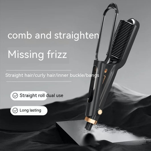 Black and gold electric hair curler with comb-like heating plate, open to show styling elements. - Image 2