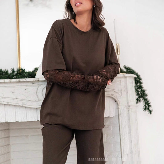 Blusa Casual Elegante con Encaje y Manga Larga para Trabajo y Diario