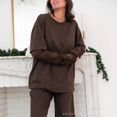 Blusa Casual Elegante con Encaje y Manga Larga para Trabajo y Diario