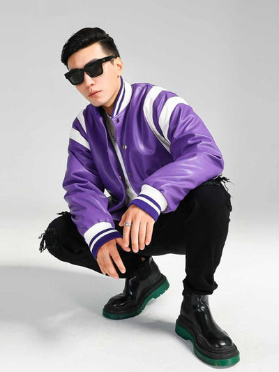 Chaqueta de Cuero Biker Colorblock con Estilo Americano - Image 8