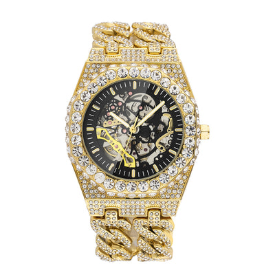 Reloj Automático Hip Hop con Cadena Cubana de Diamantes Completos y Eslabón Hueco - Image 5