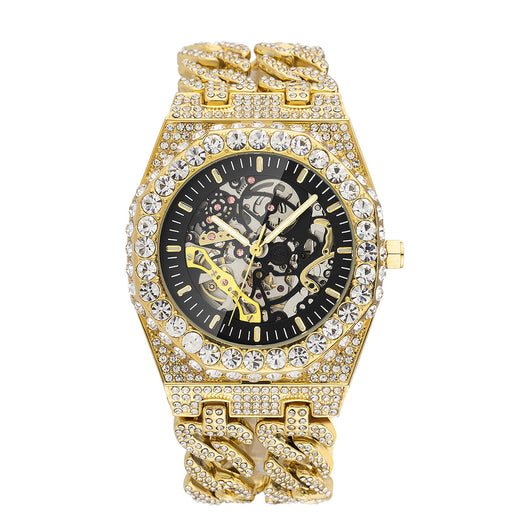 Reloj Automático Hip Hop con Cadena Cubana de Diamantes Completos y Eslabón Hueco - Image 5