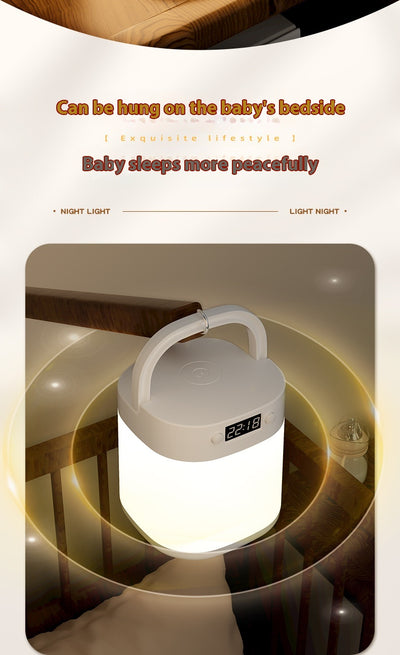 White rechargeable LED table lamp with a digital clock display and a light gray carrying handle. - Image 23