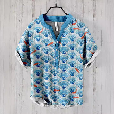 Camisa Lino Hombre Estampado Oceánico Manga Corta Suelta Casual - Image 4
