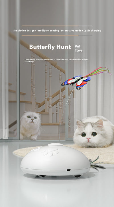White electric cat toy with a colorful butterfly on a flexible wire and green feathers extending from the base. - Image 7