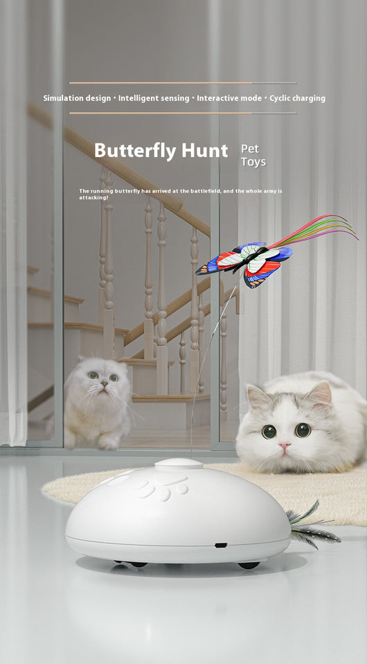 White electric cat toy with a colorful butterfly on a flexible wire and green feathers extending from the base. - Image 7