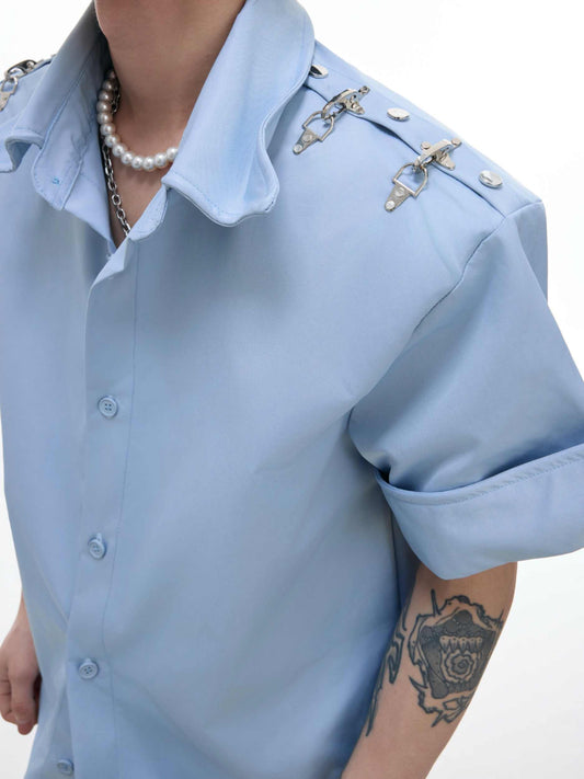 Camisa Suelta con Hebilla Metálica Deconstruida - Cardigan de Manga Corta Color Sólido - Image 2