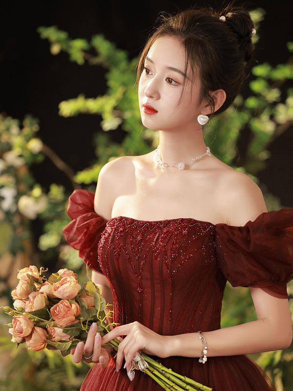 Vestido de Compromiso Elegante Rojo Vino Asimétrico de Lujo