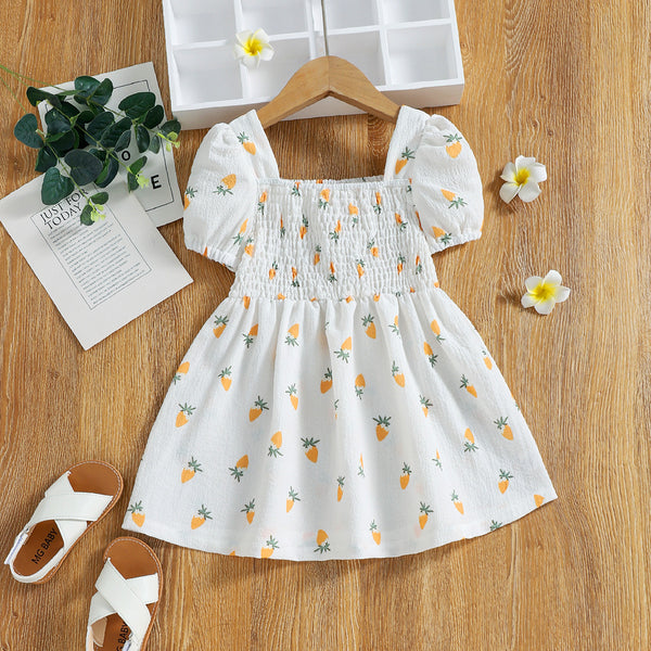 Vestido Infantil Estampado de Zanahoria con Cuello Cuadrado - Colección Verano