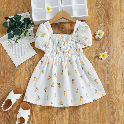 Vestido Infantil Estampado de Zanahoria con Cuello Cuadrado - Colección Verano
