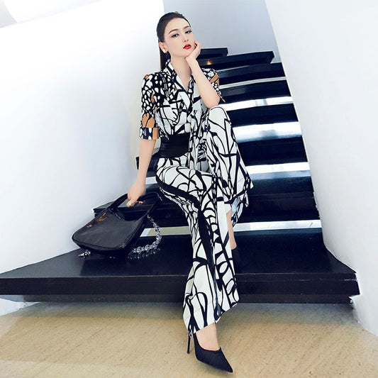 Jumpsuit Estampado de Pierna Ancha con Manga Corta