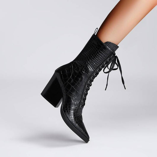 Botas Tacón Grueso Retro con Patrón de Piedra y Cordones - Estilo Fashion - Image 47