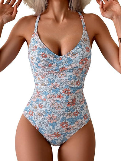 Women's black and white one-piece swimsuit with a twisted halter top and ruched detailing on the bottom. - Image 8