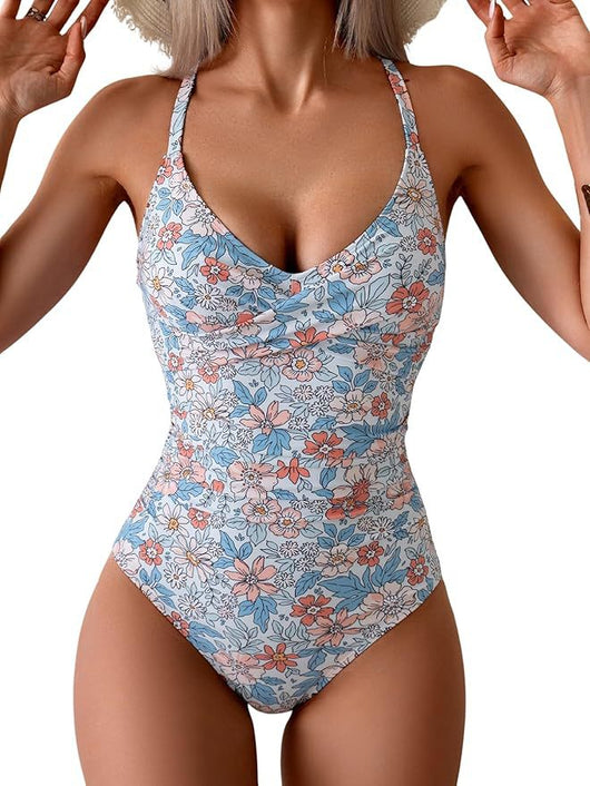 Women's black and white one-piece swimsuit with a twisted halter top and ruched detailing on the bottom. - Image 8