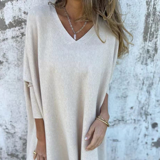 Blusa Larga Tejida Cuello V Suelta para Mujer