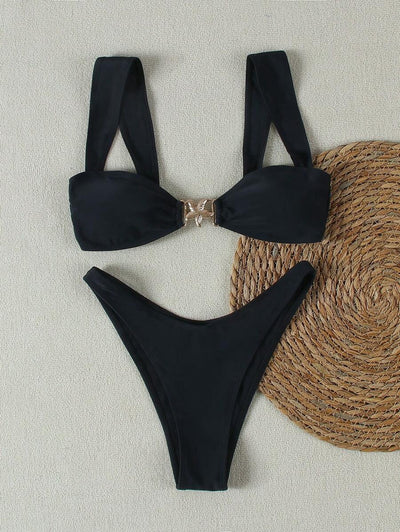 Bright yellow bikini with wide shoulder straps and a gold metal decoration on the top, worn by a woman. - Image 4