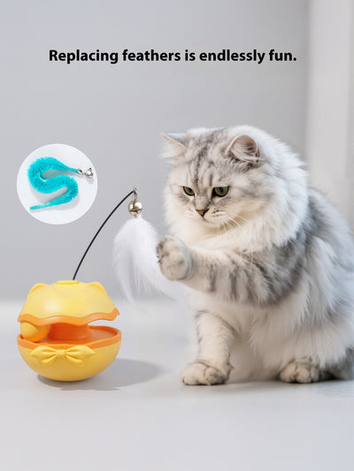 Lemon yellow electric cat toy tumbler with a white feather teaser and two teal worm-like replacement heads. - Image 14