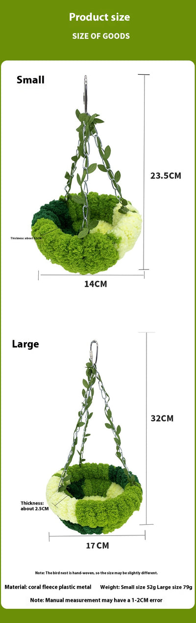 Small forest style plush bird hammock in green and yellow, hanging from a chain with artificial leaves. - Image 10