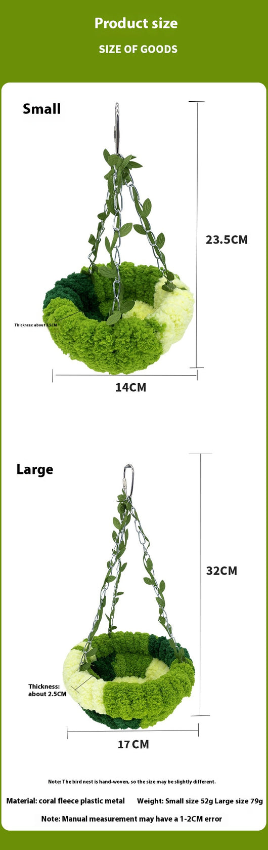 Small forest style plush bird hammock in green and yellow, hanging from a chain with artificial leaves. - Image 10