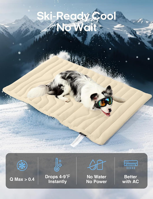 Golden retriever wearing sunglasses on a light gray quilted pet cooling mat, floating on icy blue water. - Image 9