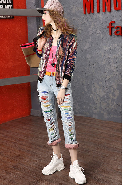 Chaqueta de Cuello Alto con Lentejuelas y Cierre - Manga Larga Tendencia - Image 4