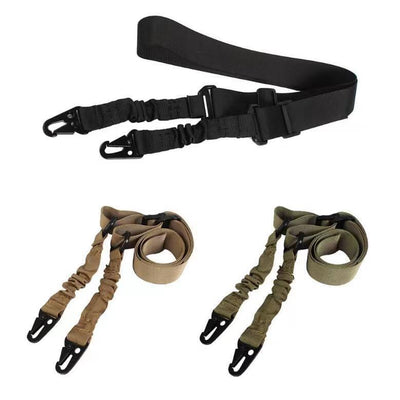 Black crossbody nylon strap with elastic sections, adjustable buckles, and two metal hooks for tension adjustment. - Image 3
