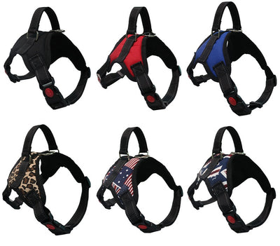 Blue and black pet harness with reflective stitching, a top handle, and red quick-release buckles. - Image 23