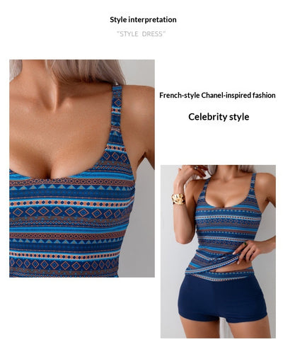 Women's conservative striped and geometric patterned tankini top with navy boy shorts swimsuit. - Image 8